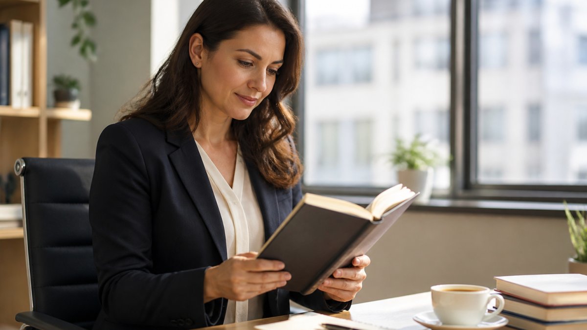 Woman in professional attire reading a book at her desk with coffee and notebook nearby, natural sunlight from office window