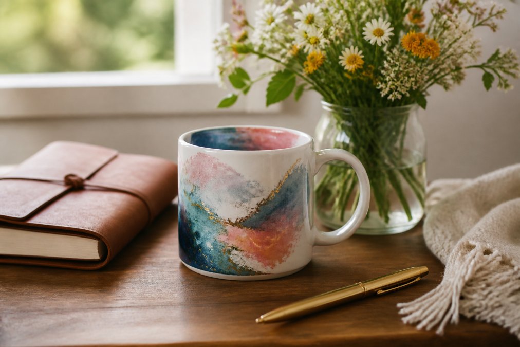 A styled flat-lay of a ceramic coffee mug featuring watercolor art and an inspirational quote, placed on a wooden desk alongside a leather journal, fresh wildflowers in a small vase, and a gold pen, photographed in bright natural morning light from a window