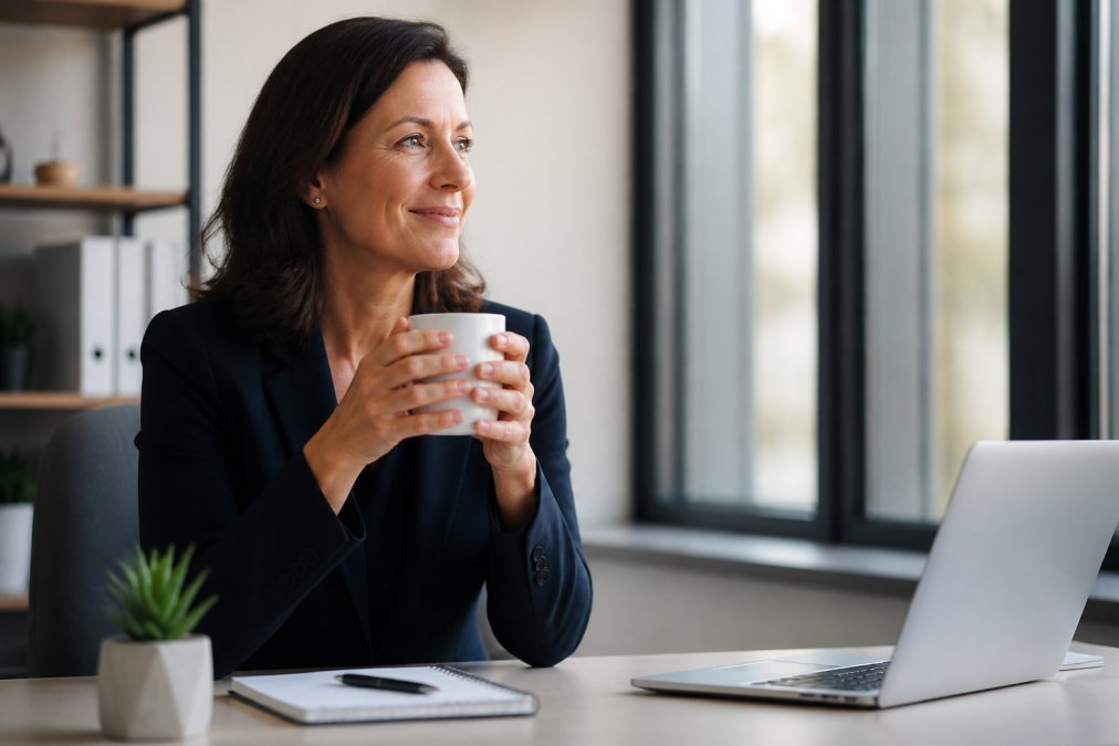 A professional woman in a dark blazer holding a white ceramic mug with both hands at a clean modern desk, smiling thoughtfully toward a window, with a laptop, small succulent plant, and a notebook visible in soft natural light