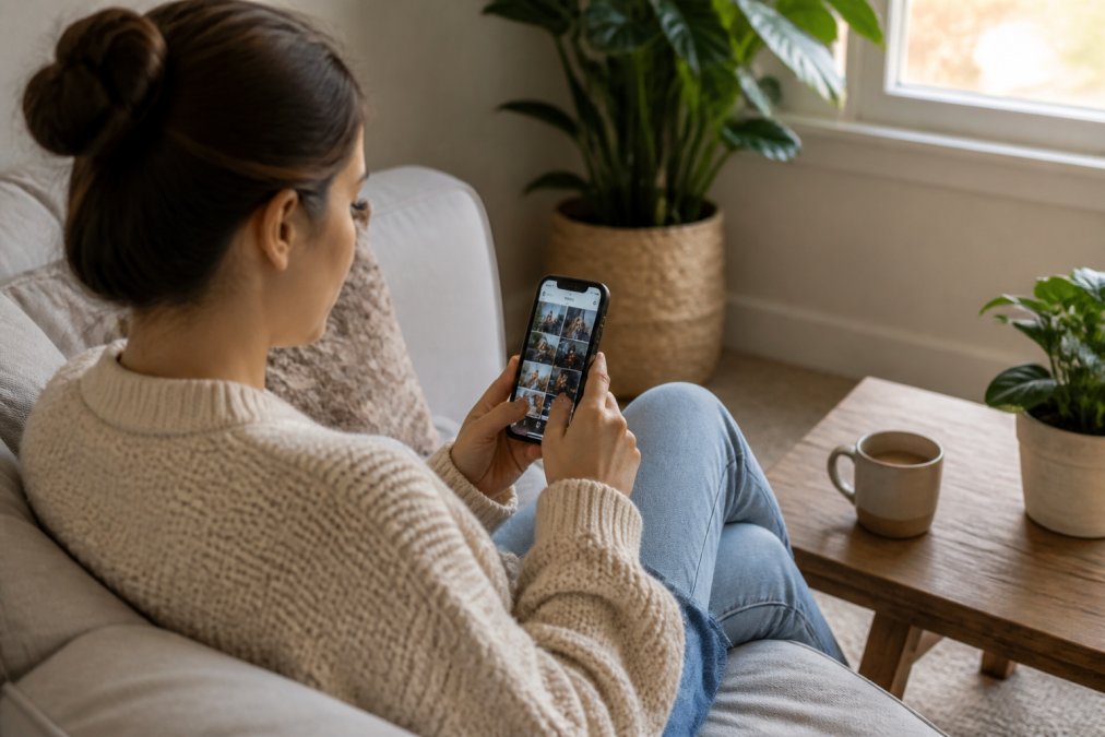 A woman on a couch using a smartphone to learn the content repurposing process for Instagram Reels.