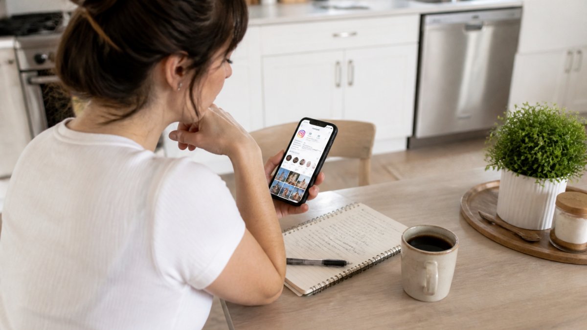 A woman sitting at a kitchen table with a smartphone showing the Instagram app, a notebook with handwritten notes and a cup of coffee beside her, soft natural light