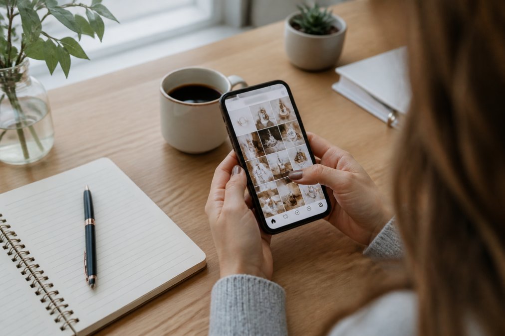 Person's hands holding a smartphone displaying Instagram feed, scrolling through reposted content with a coffee cup and notepad visible on a clean desk in morning natural light