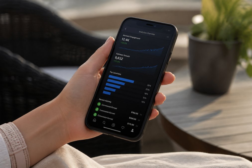 Close-up of a smartphone screen displaying Instagram analytics dashboard with engagement metrics, follower growth chart, and commission tracking notifications visible on the display