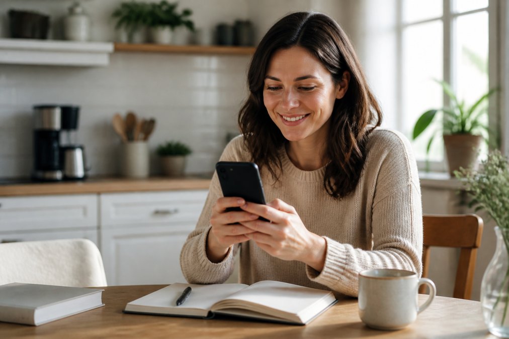 A woman at a kitchen table using her phone to analyze instagram reposting success through a five-step process diagram.