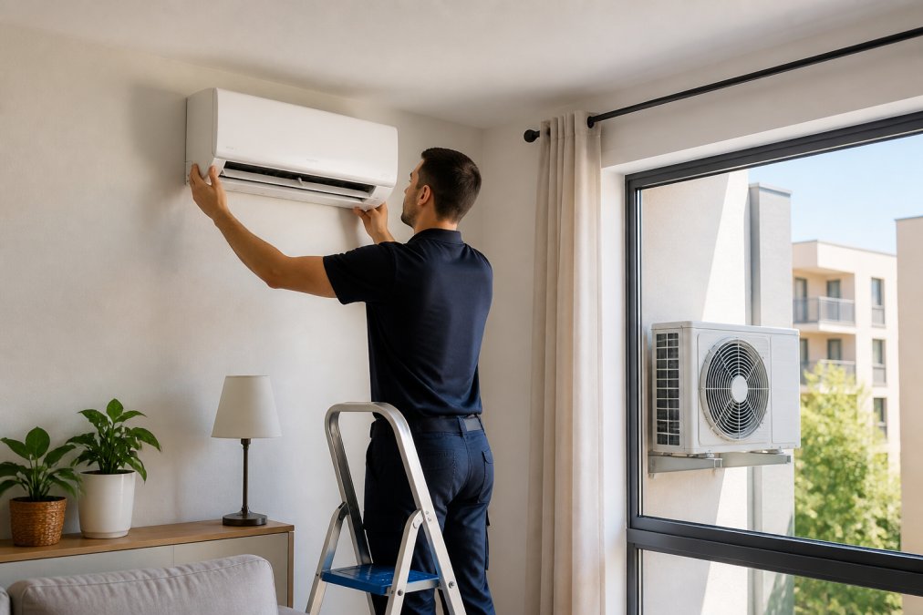 Técnico profissional realizando a instalação de ar condicionado em casa na parede de uma sala moderna.