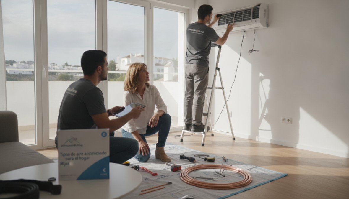 Técnico profesional realizando la instalación aire acondicionado barato tipo split en la pared de un salón moderno.