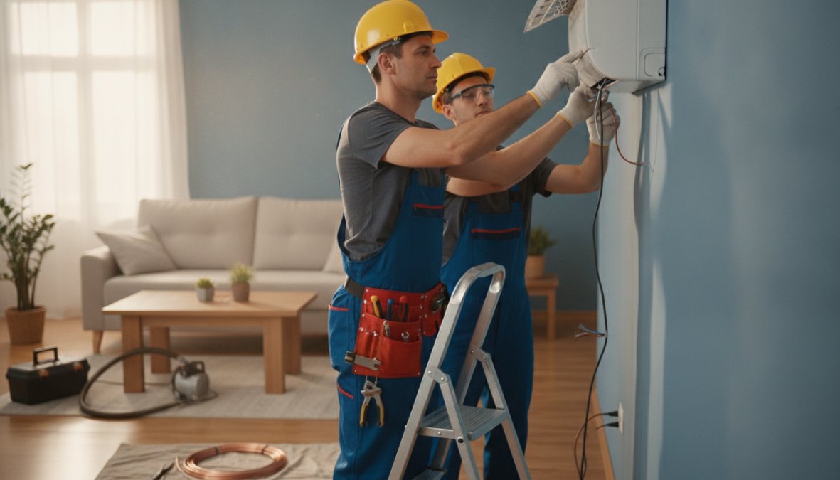 Técnico profesional con uniforme de trabajo instalando una unidad interior de aire acondicionado split en la pared de una sala de estar luminosa, con herramientas y taladro visibles en primer plano, iluminación natural de ventana