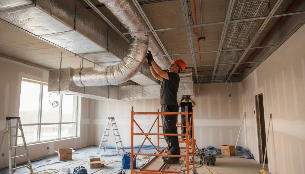 Técnico instalador trabajando en la colocación de conductos de aire acondicionado dentro de un falso techo, mostrando la estructura metálica y el aislamiento térmico de los tubos de cobre