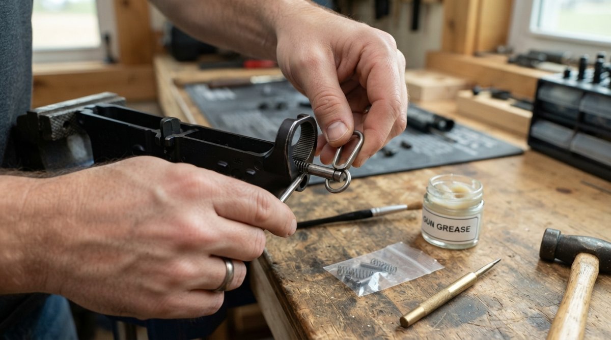 Close-up of hands using a metal clevis pin to compress the detent spring inside the lower receiver pivot pin channel on a wooden workbench with a small container of gun grease nearby