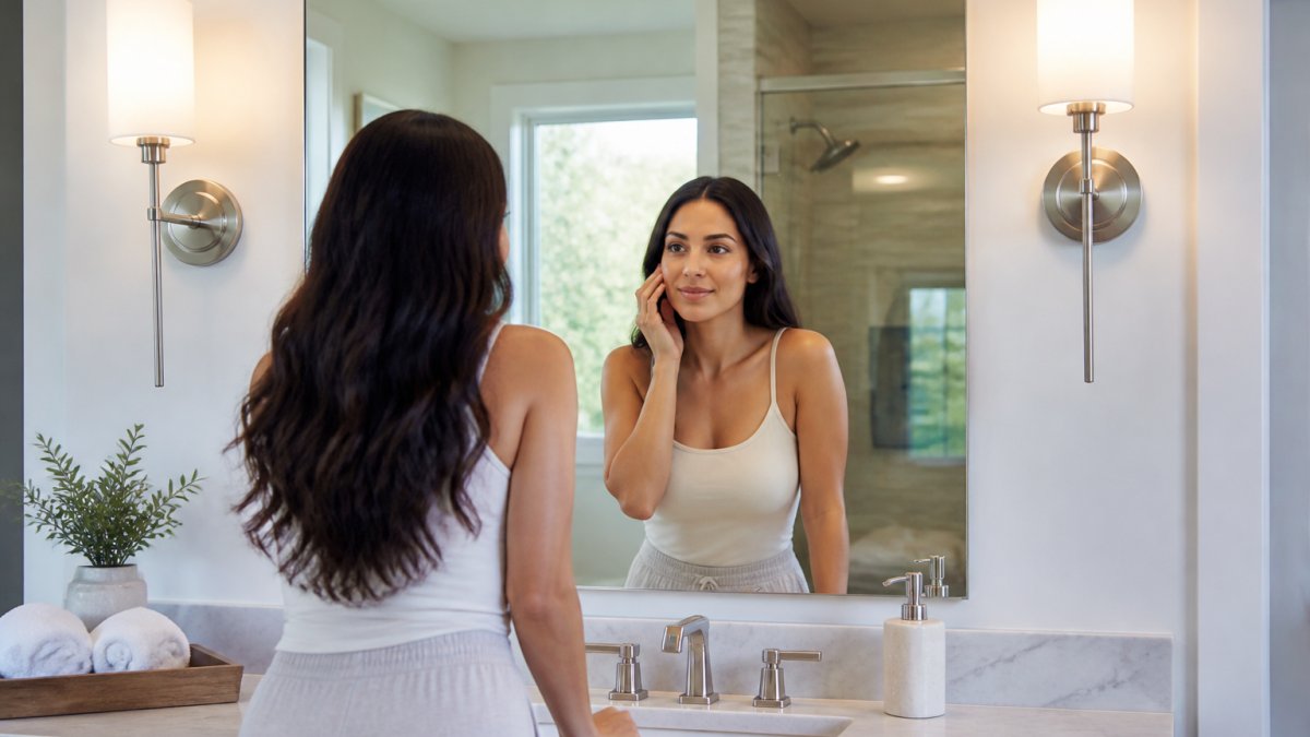 Modern bathroom vanity with wall-mounted sconces on either side of a large mirror, showing even facial lighting without shadows on a person's face at the sink