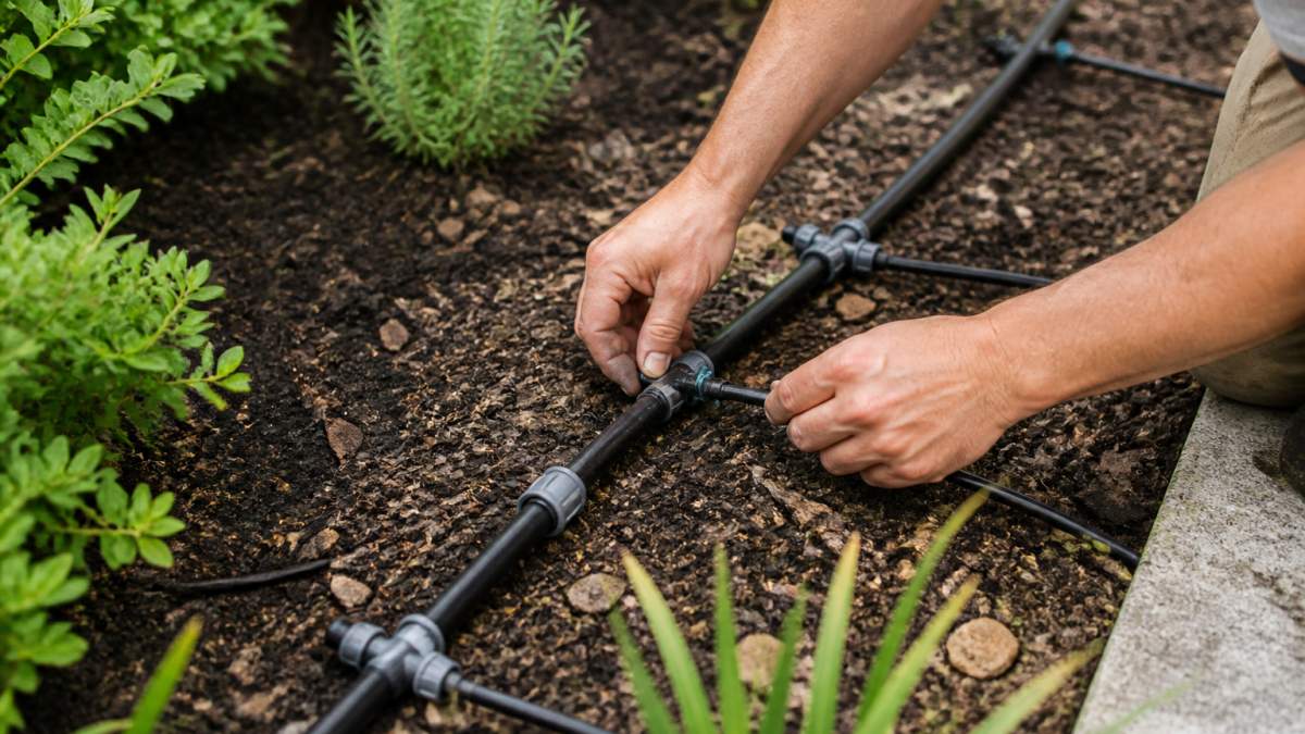 Close-up of hands laying out dripline and poly pipe across a garden bed with soil visible, showing the practical assembly of irrigation components and emitters
