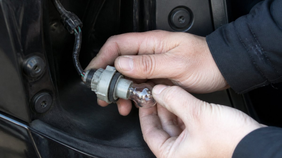 Mechanic's hands removing a factory incandescent turn signal bulb from a vehicle's socket, showing the bulb holder being twisted counterclockwise with a slight twisting motion, vehicle interior visible in background