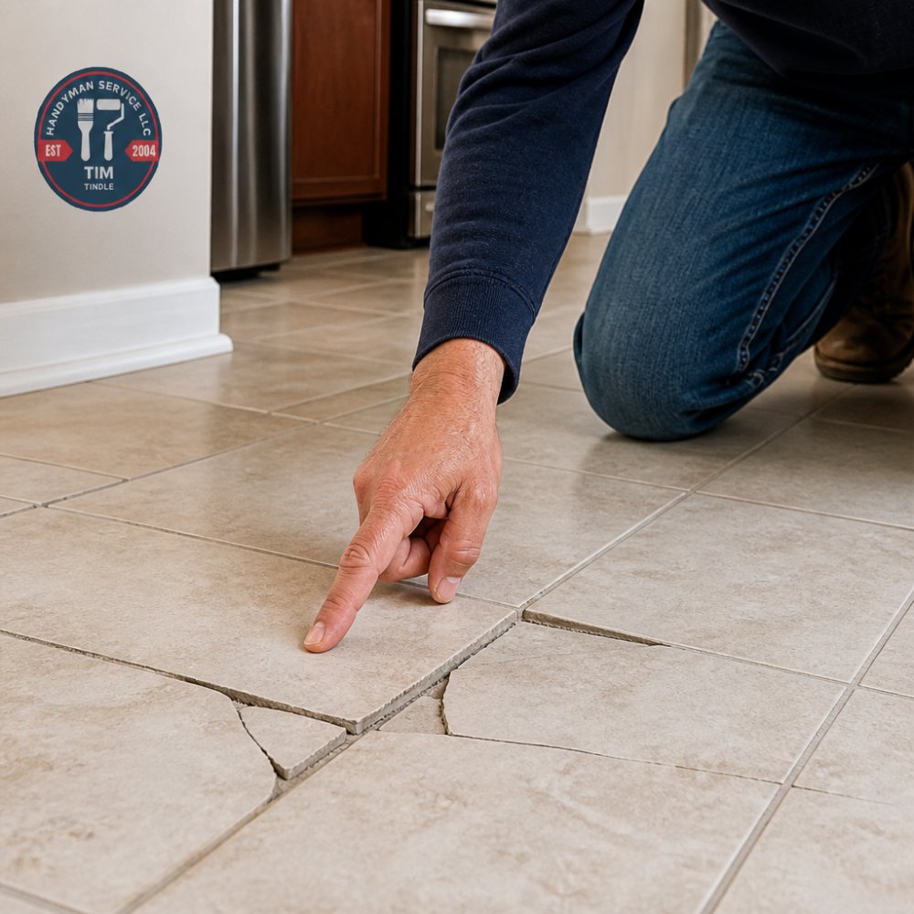 Close-up of a homeowner's hand pointing to cracked and loose ceramic tile on a kitchen floor, showing visible grout lines and surface damage under bright natural light