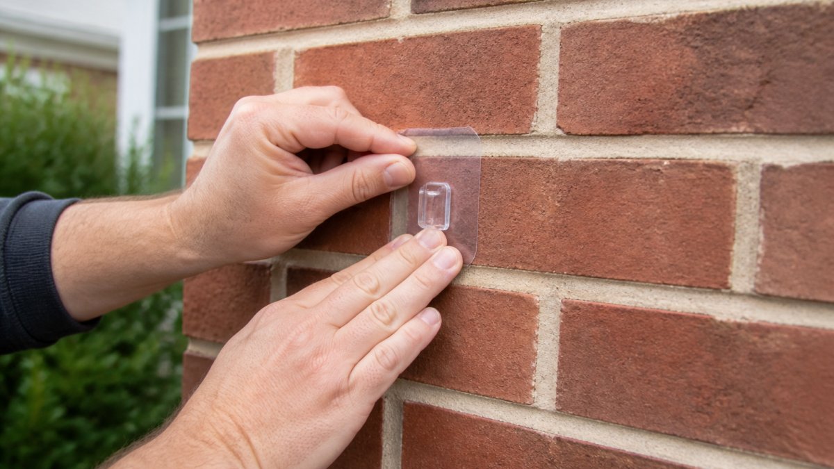 Step-by-step process for applying an adhesive hook to brick for hanging outdoor lights securely and evenly.