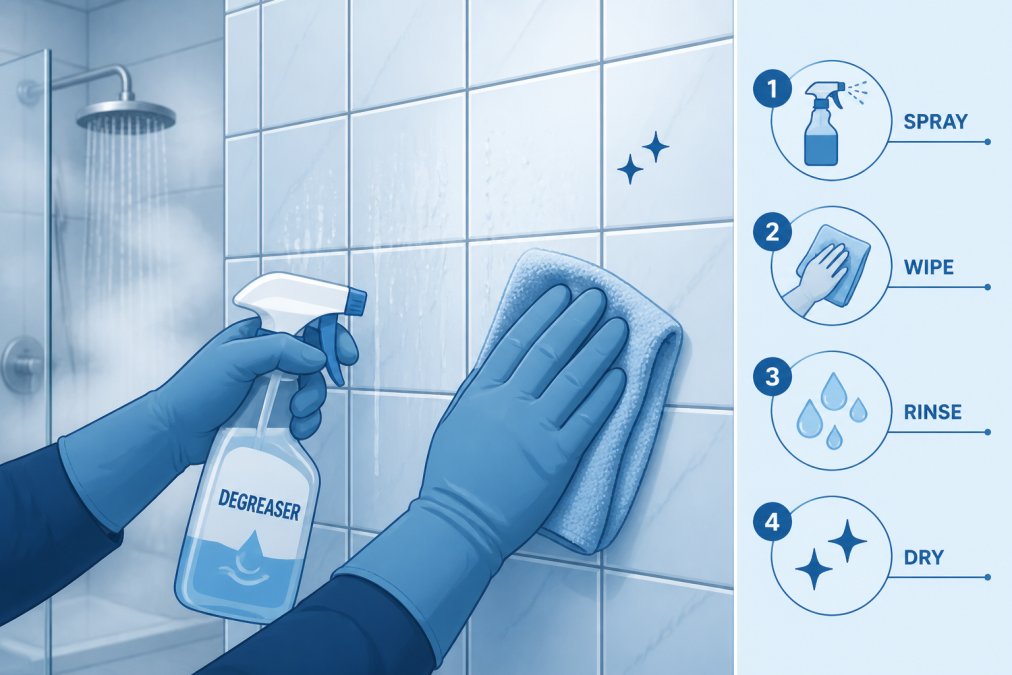 Close-up of a homeowner's hands wearing protective gloves, cleaning bathroom tiles with a cloth and degreasing solution, showing the preparation stage before shower panel installation, with steam visible from hot water in background