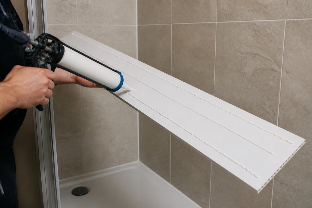 Hands applying adhesive to the back of a white shower panel using a caulking gun, with existing ceramic tiles visible in the background, demonstrating the bonding technique in bright bathroom lighting