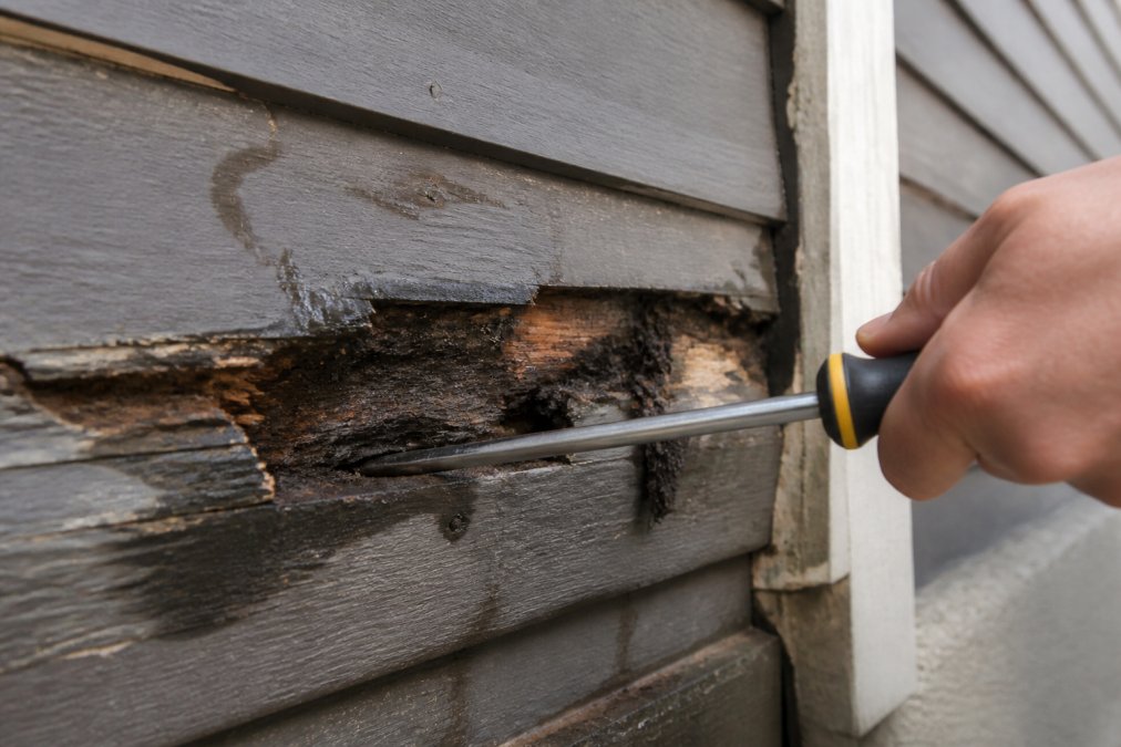 Close-up of deteriorated wood siding showing dark discoloration, soft spots, and visible rot damage where a metal tool presses into compromised wood grain