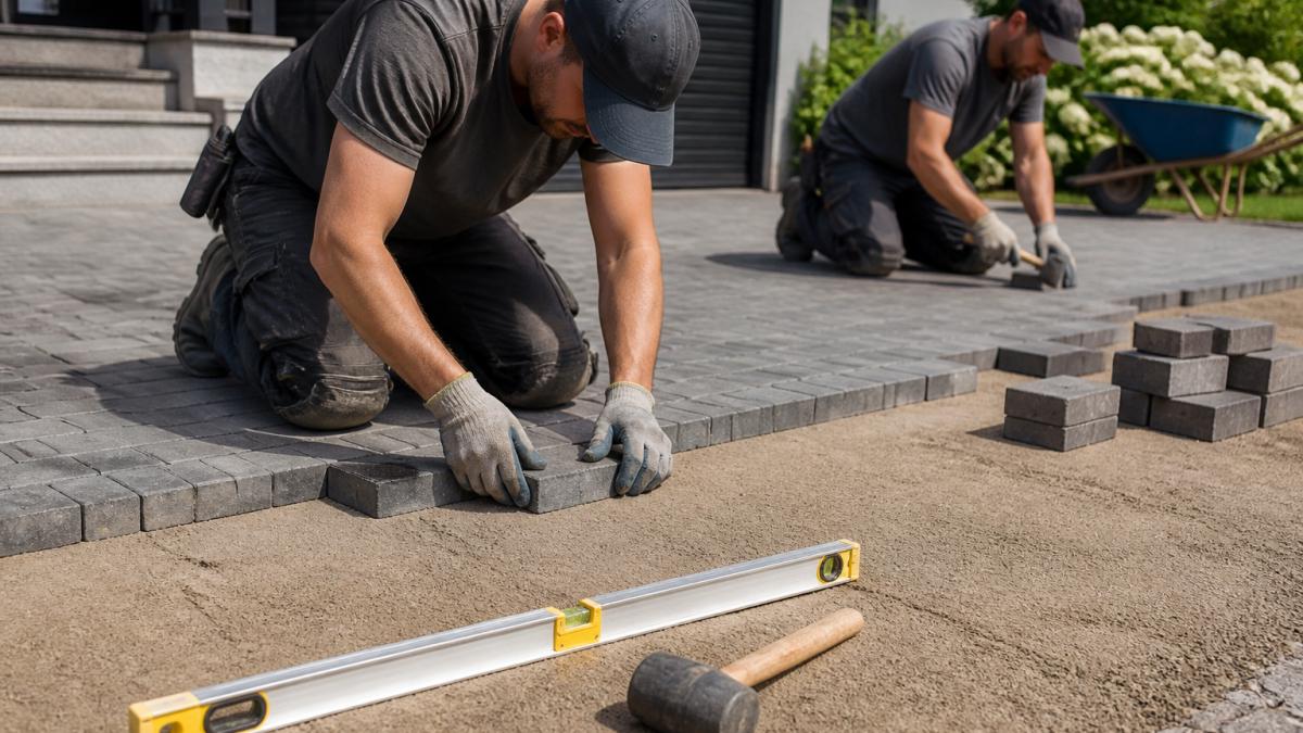 Une équipe d'installateurs en vêtements de travail posant des pavés unis sur un lit de sable compacté dans une cour résidentielle, avec un niveau à bulle et un maillet de caoutchouc visibles au premier plan