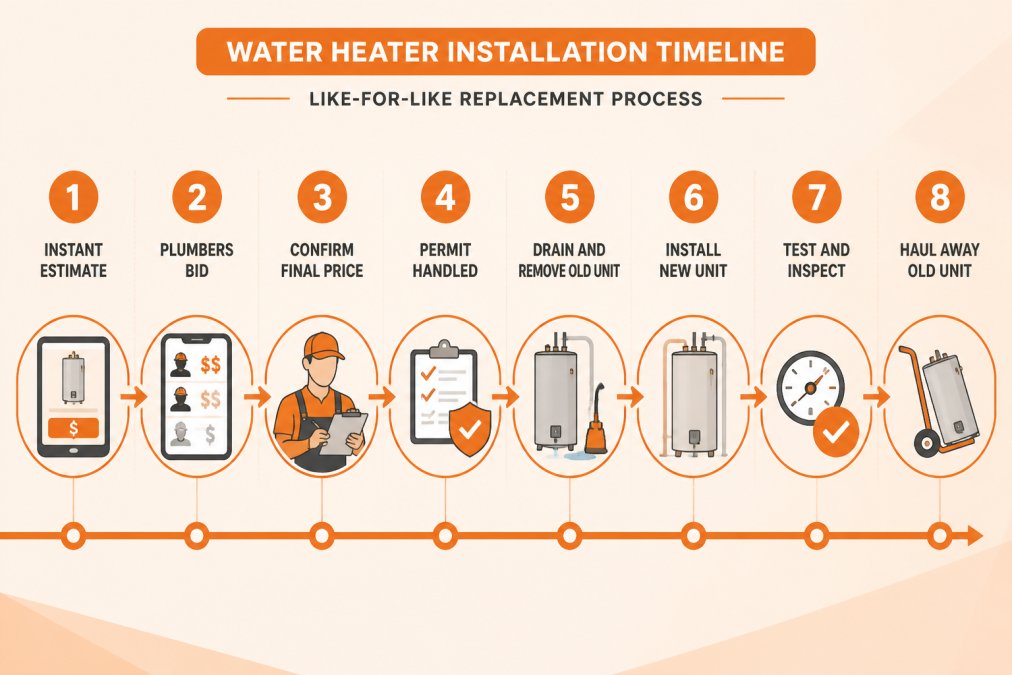 8-step infographic detailing the water heater replacement process for installation made easy.