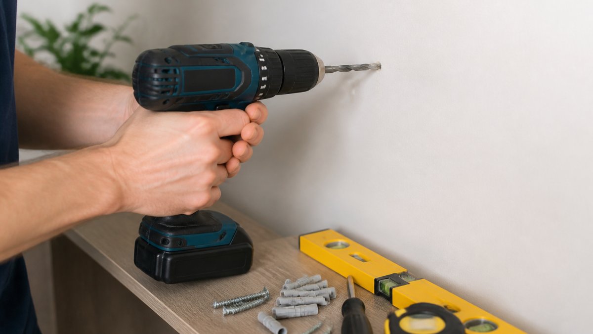 Hands drilling a hole into a wall with a drill, surrounded by plugs and tools on a workspace.