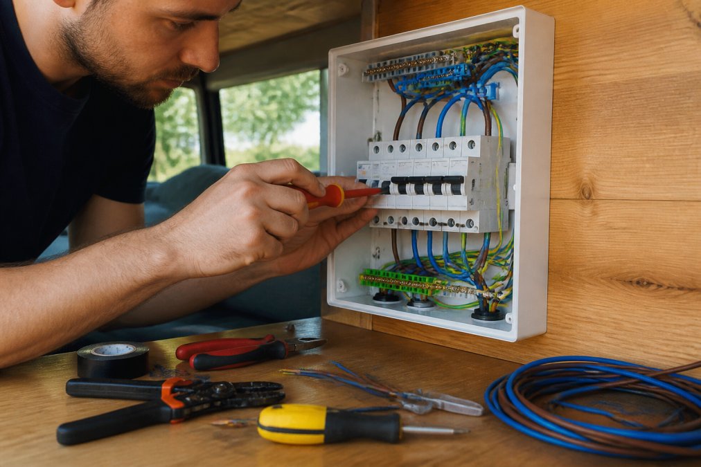 Installation d'un disjoncteur différentiel dans le tableau électrique d'un van aménagé avec câblage visible.