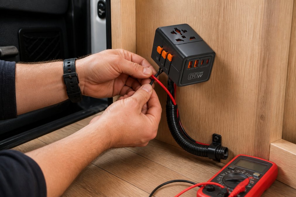 Close-up of hands connecting red and black electrical wires to a compact power strip mounted on the wooden interior wall of a campervan, with visible corrugated cable conduit and a multimeter placed on the floor nearby, warm interior lighting