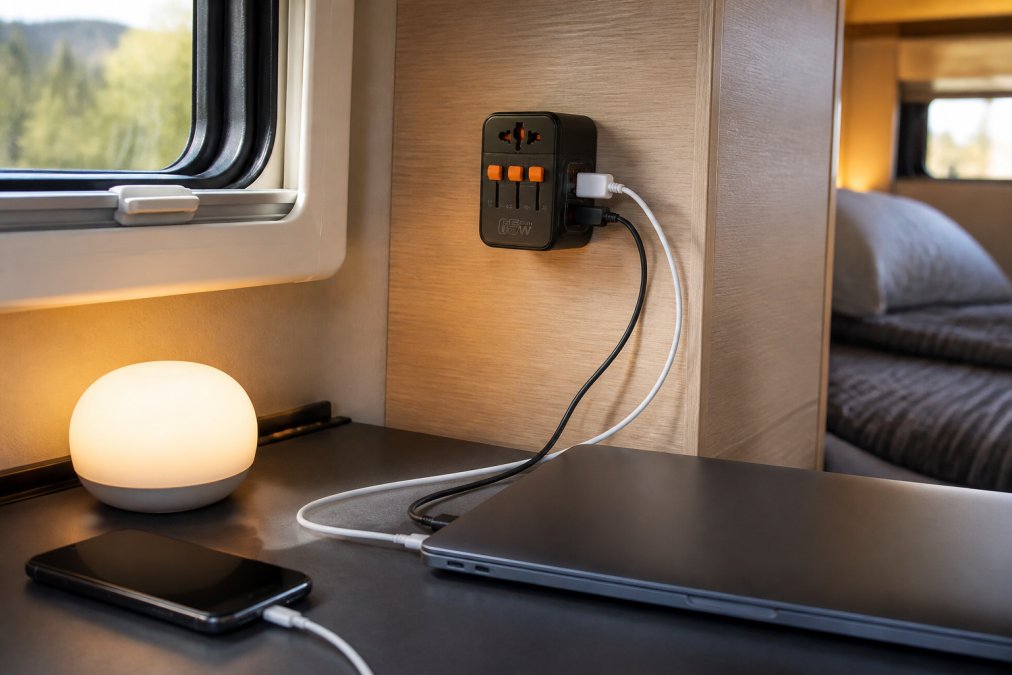 Interior of a neatly organised campervan showing a compact power strip with USB-C ports fixed flush to a side wooden panel, with a laptop, smartphone and small LED lamp plugged in, demonstrating efficient cable management in a limited living space, soft warm interior lighting