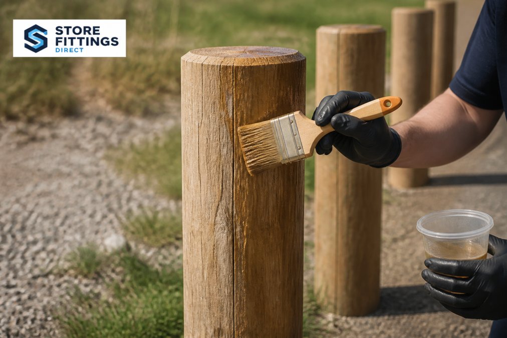 Close-up of a person applying clear UV protective oil to the surface of a solid oak timber bollard using a wide paintbrush, outdoors on a sunny day with the grain of the oak clearly visible