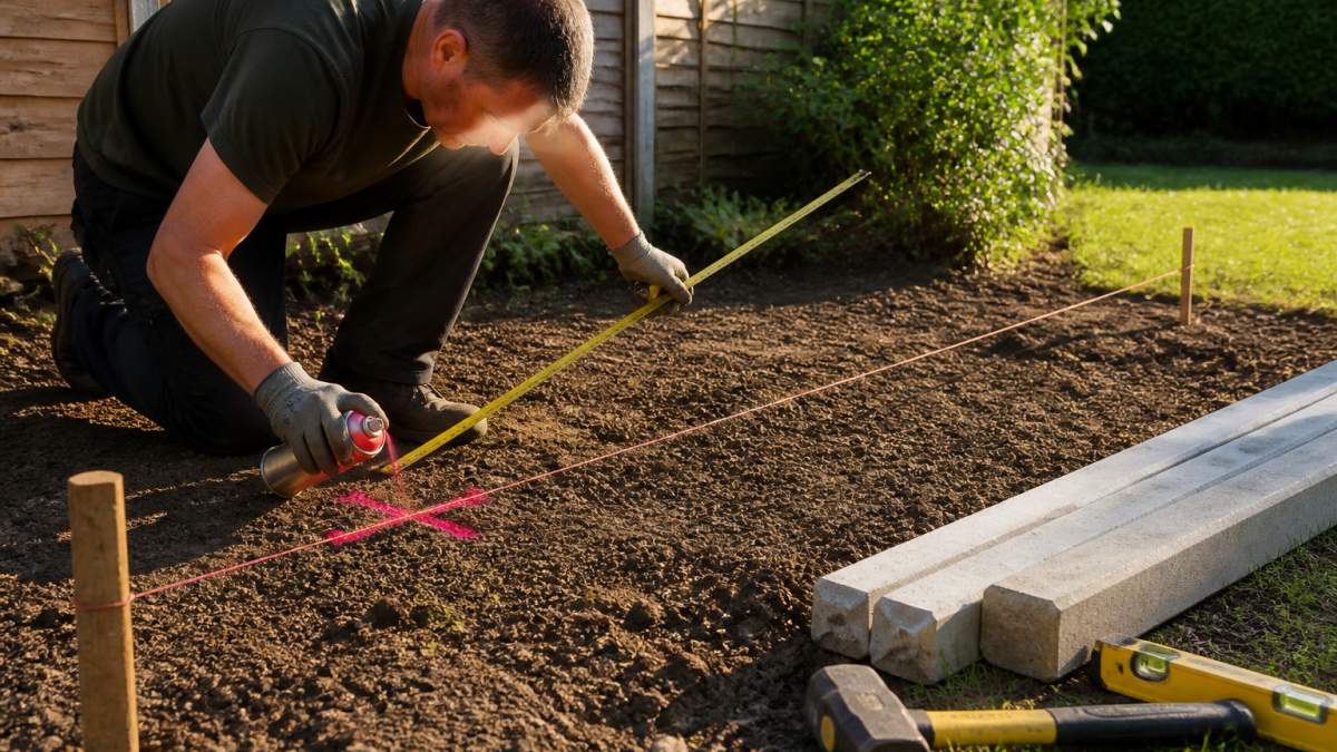 Homeowner marking concrete post positions in garden soil with spray paint and tape measure, checking alignment with string line in afternoon sunlight