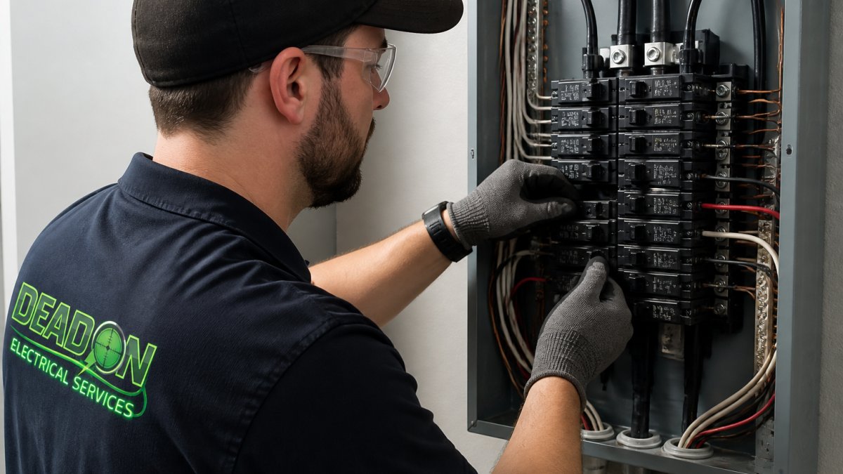 Electrician connecting wiring to a new breaker when installing dedicated circuits for kitchen appliances.