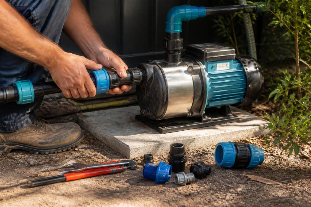 Professional technician's hands connecting colour-coded plumbing fittings to a garden pump housing mounted on a concrete pad, with tools and installation kit visible in morning sunlight