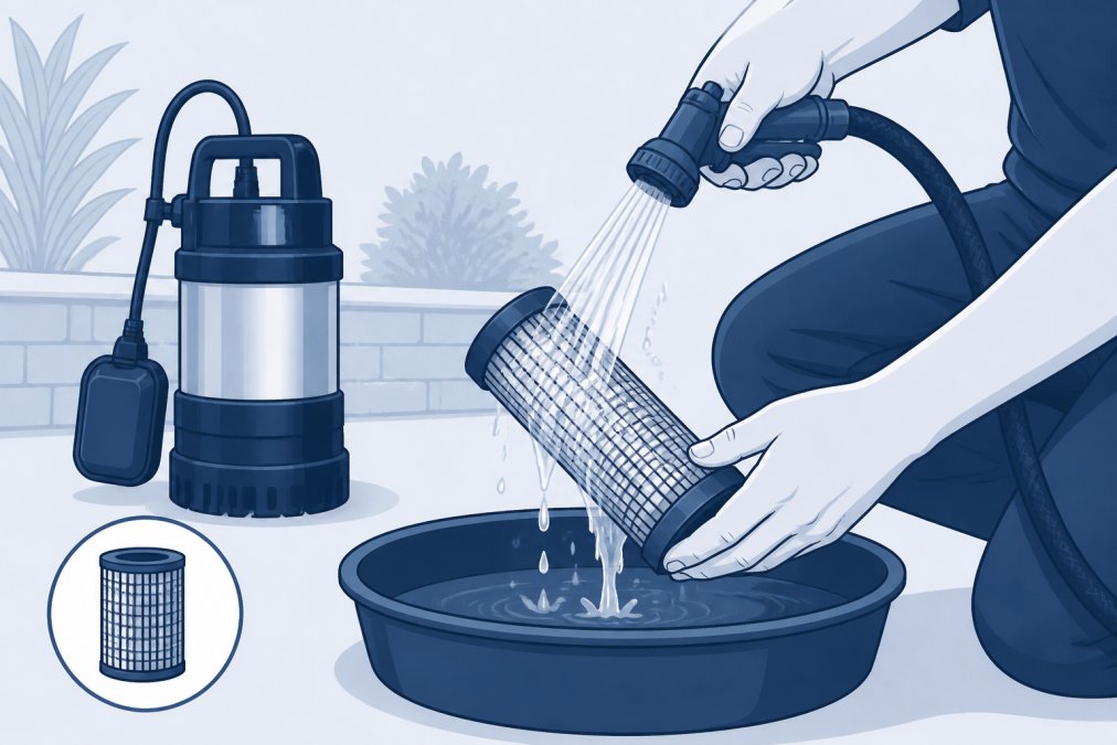 Homeowner rinsing the intake filter of a submersible pump with clean running water from a garden hose, showing the filter cartridge held in one hand and water flowing over it in bright afternoon light