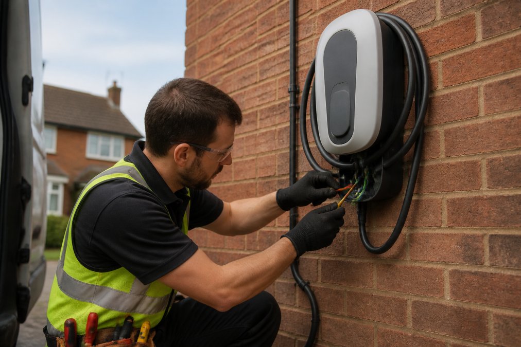 A professional electrician installing a wall-mounted EV charging point outdoors on a residential property, with tools, wiring visible, and proper safety equipment in use