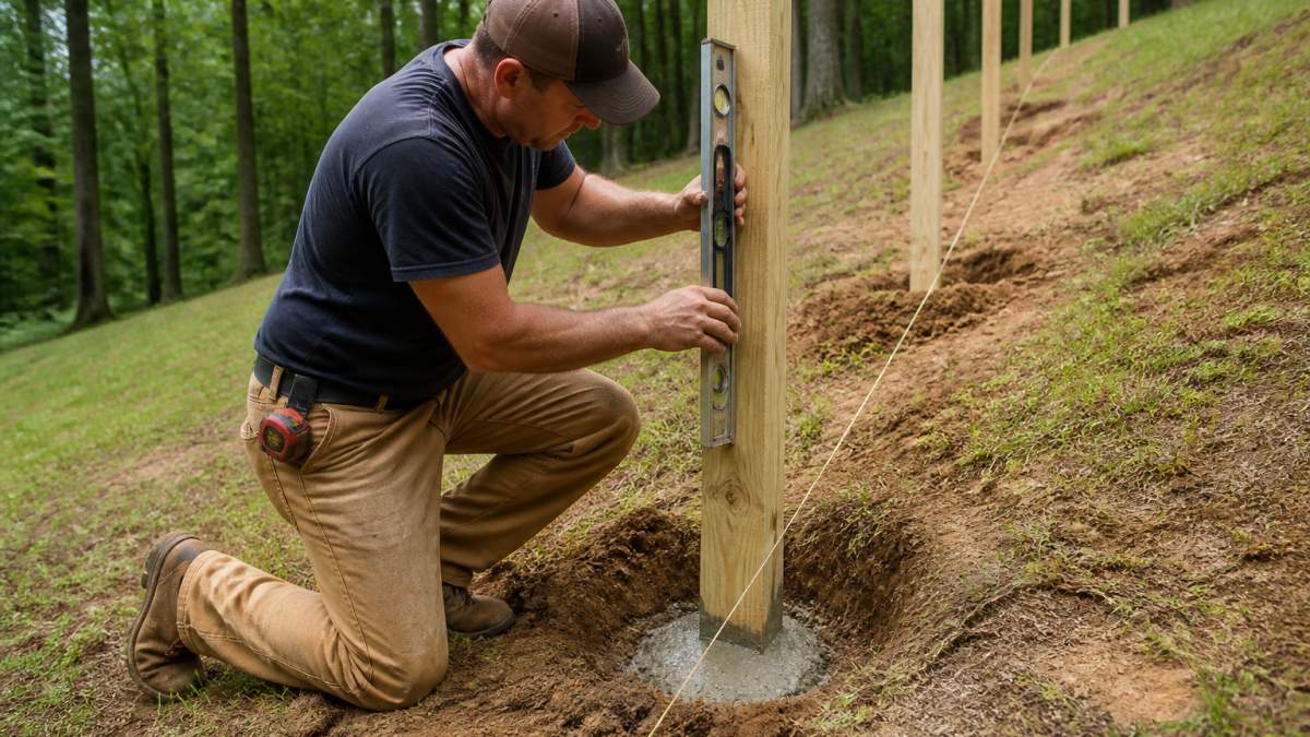 Diagram showing the process of installing fences on uneven terrain by leveling posts in concrete footings