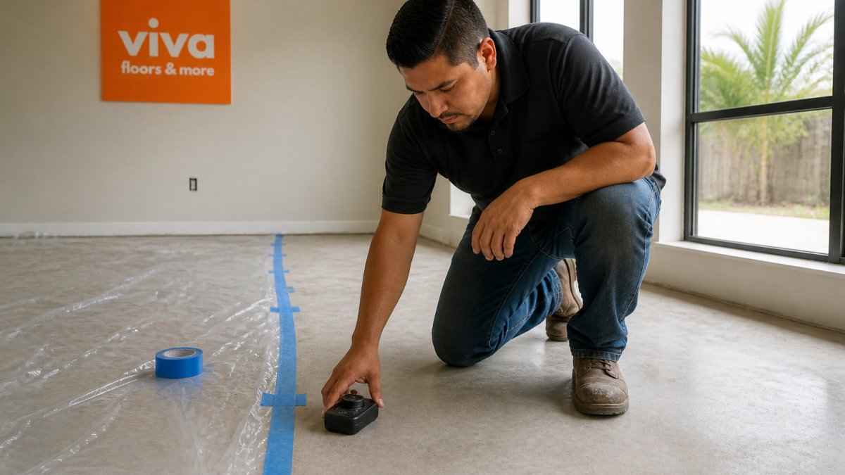 A person kneeling on a bare concrete subfloor pressing a handheld moisture meter flat against the surface, with a sheet of plastic sheeting and tape visible nearby in a home under renovation, natural window light