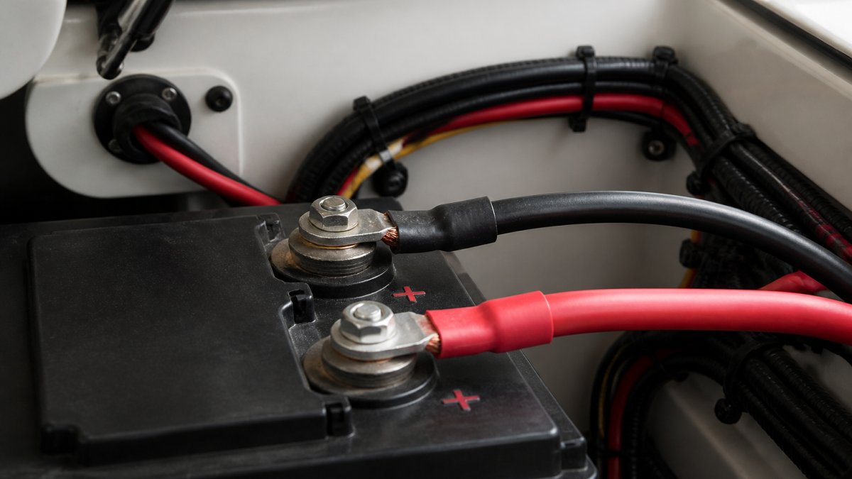 Close-up of marine battery terminals with red and black tinned copper cables properly crimped and connected, showing protective sheathing and organized cable routing in a boat engine compartment with natural daylight