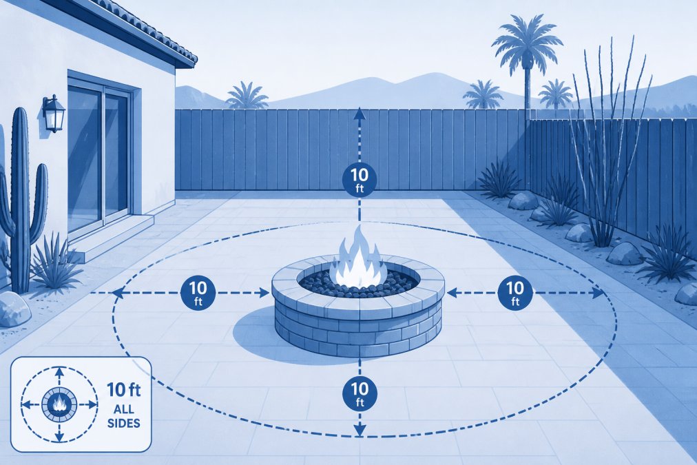 A desert-style backyard in the Coachella Valley showing a round stone fire pit centered on an open patio, with clear open space between the fire pit and a stucco home wall and wooden fence, late afternoon sunlight casting long shadows across the pavers