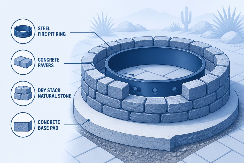 Close-up of a stone fire pit under construction showing a steel fire pit ring seated on concrete pavers, surrounded by dry-stacked natural stone walls and a poured concrete base pad, in a bright outdoor desert setting