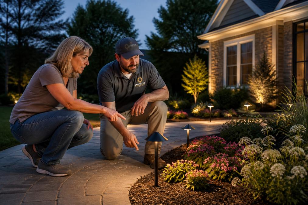 Homeowner and technician planning the layout for path lights along a garden walkway at dusk