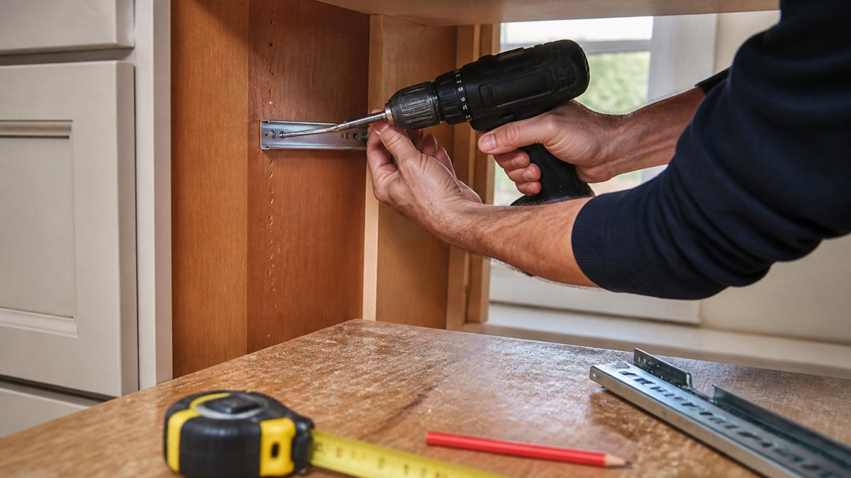 Close-up of hands using electric drill to install mounting brackets inside kitchen cabinet, with measuring tape and pencil visible on wooden work surface, natural light from cabinet opening