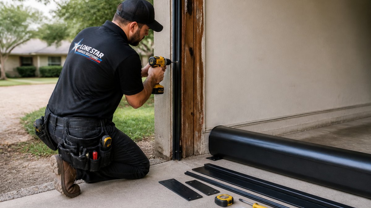 A technician in work clothes using a drill to attach a metal side track to the wooden jamb of an older garage door opening, with the retractable screen housing resting nearby and tools on the floor