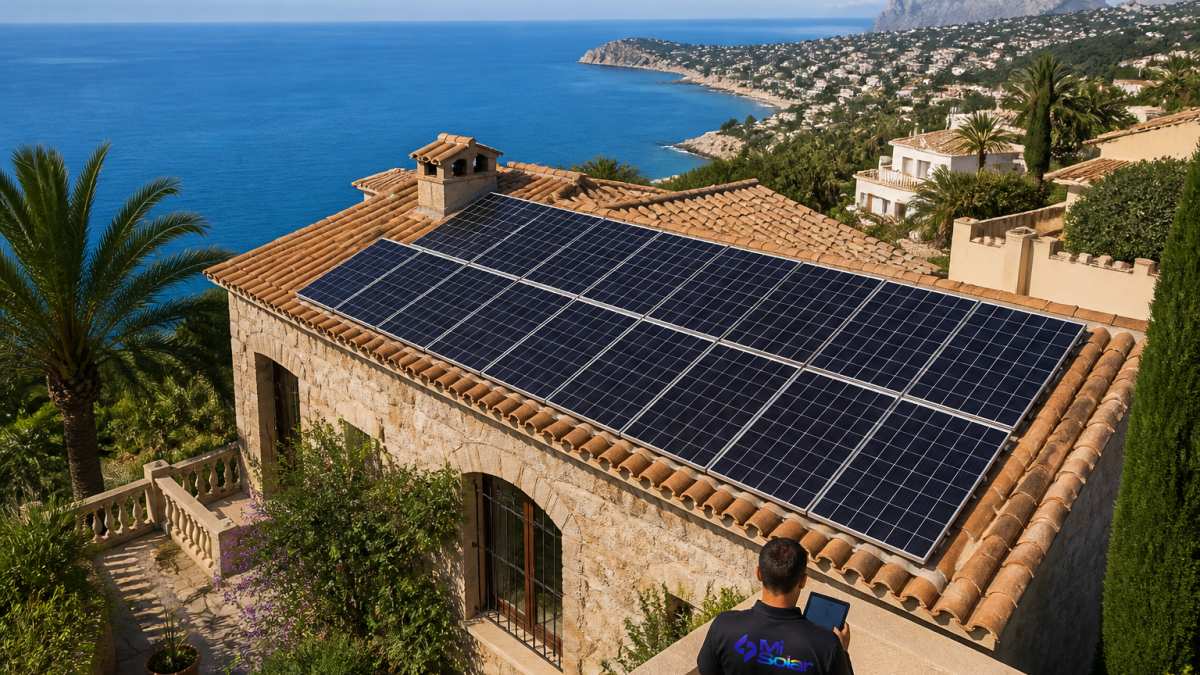 Solar panels installed on a Mediterranean villa roof providing solar power for holiday homes in Spain.