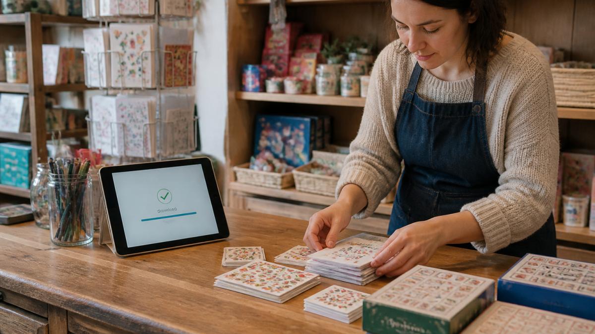 A retail store owner at a wooden counter arranging colorful greeting cards and party game boxes next to a tablet displaying an instant download confirmation on screen