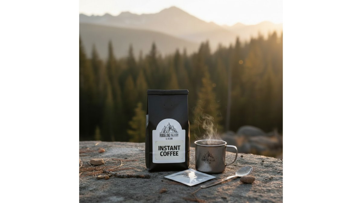A flat lay photo of various coffee brewing setups on a kitchen counter: a single-serve capsule machine, a jar of cold brew, a pouch of instant coffee, and a bag of whole beans next to a mug, with morning light coming through a window