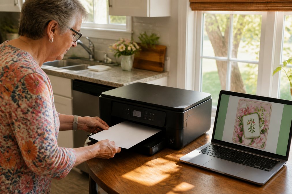 Step-by-step process for printing custom mahjong greeting cards using a home inkjet printer and cardstock.