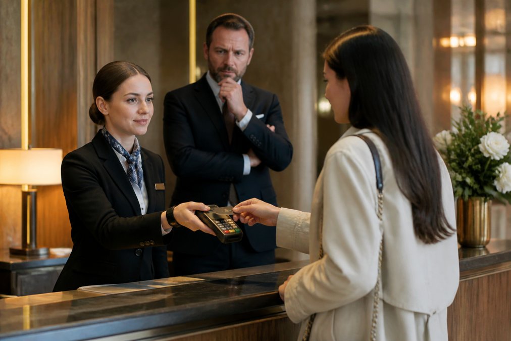 A hotel front desk agent handing a credit card terminal to a guest in a modern hotel lobby, with a concerned manager observing the transaction in the background