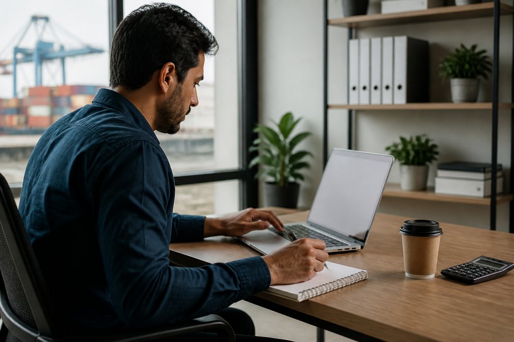 A logistics professional sitting at a desk with a laptop open, reviewing shipping data on screen, with a notepad and coffee nearby in a clean modern office setting