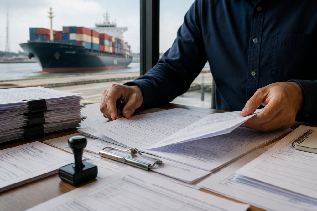 Close-up of hands organizing shipping documents and a bill of lading on a desk, with a container ship visible through a window in the background