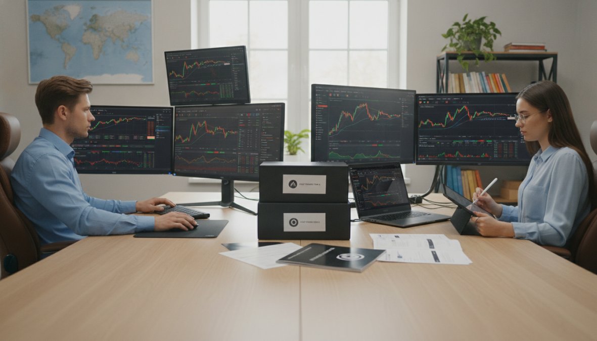 A focused trader sitting at a multi-monitor desk displaying live forex trading charts and platform dashboards in a professional home office setup, with warm desk lighting and a secondary screen showing account metrics
