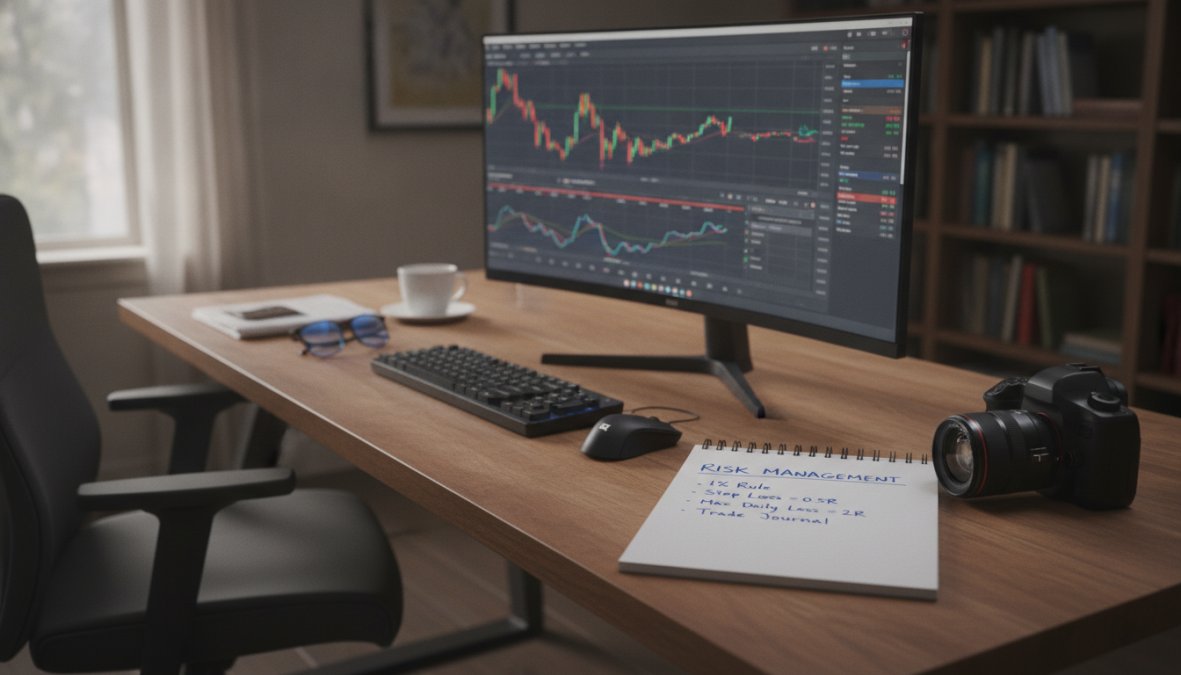 Close-up of hands typing on a laptop keyboard with a live trading platform visible on screen showing open positions, a spiral notepad with handwritten risk management calculations beside the laptop, and a ceramic coffee mug in the background on a wooden desk